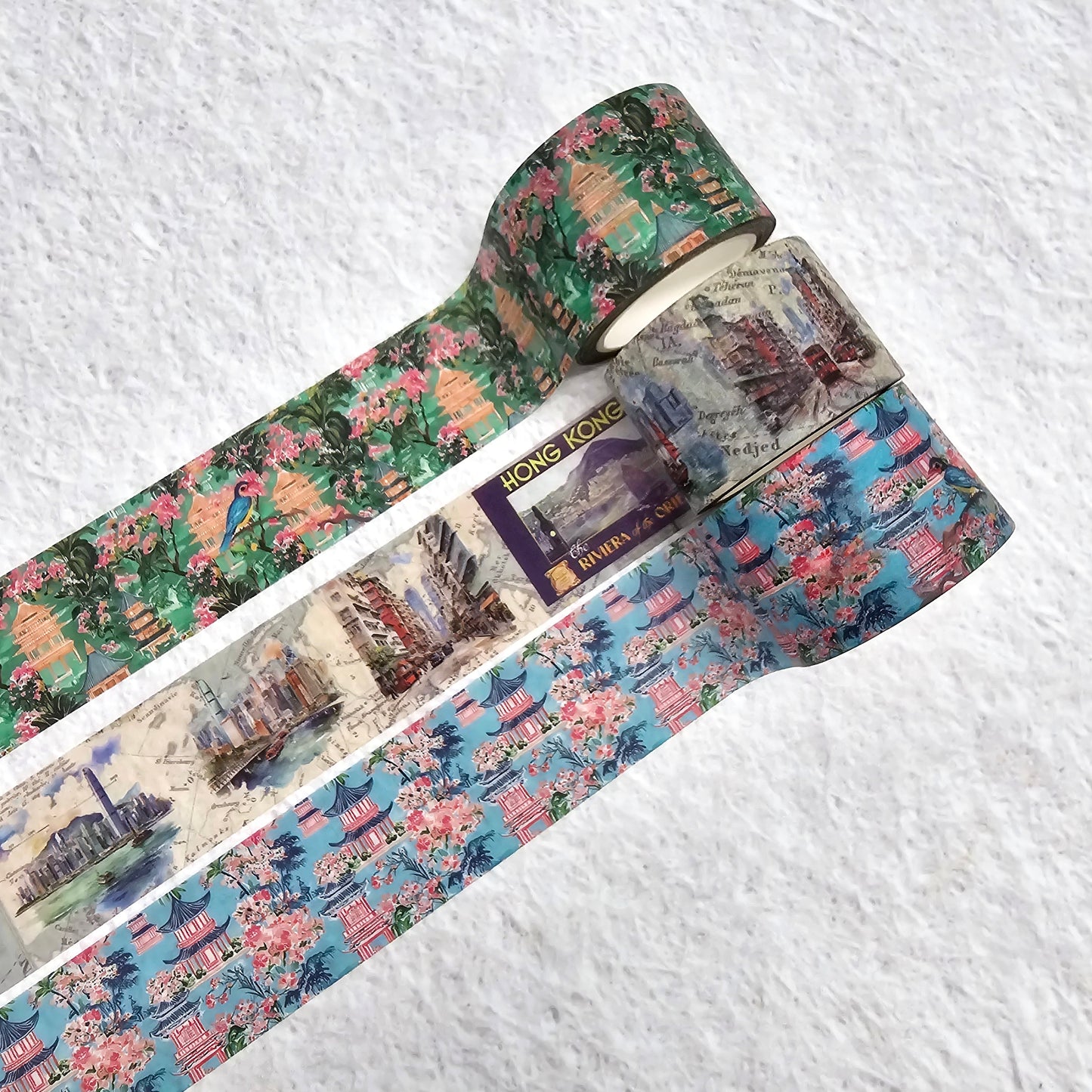 Hong Kong vintage theme washi sticker tapes - HK harbor, Chinese sailing junk, water color pagodas, birds. For scrapbooks, journals, crafts