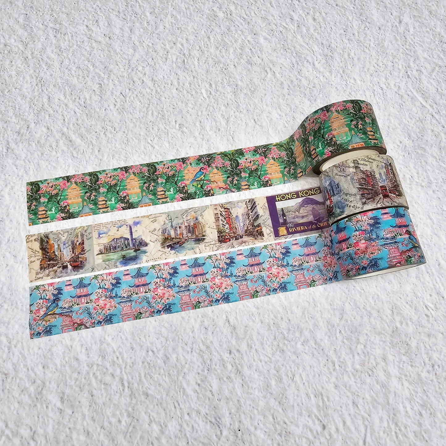 Hong Kong vintage theme washi sticker tapes - HK harbor, Chinese sailing junk, water color pagodas, birds. For scrapbooks, journals, crafts