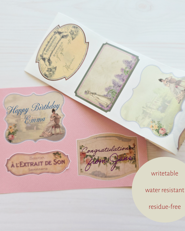 Jane Austen theme washi sticker labels - large size, die cut. Writeable, re-useable, leaves no sticky residue when removed