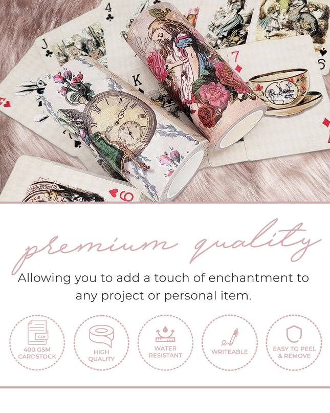 Vintage style Alice in Wonderland playing cards & extra wide washi tapes set for tea party decorating, scrapbooks, journals, crafts