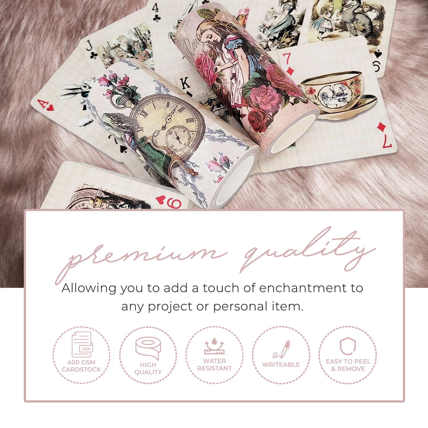 Vintage style Alice in Wonderland playing cards & extra wide washi tapes set for tea party decorating, scrapbooks, journals, crafts