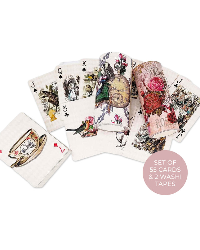 Vintage style Alice in Wonderland playing cards & extra wide washi tapes set for tea party decorating, scrapbooks, journals, crafts