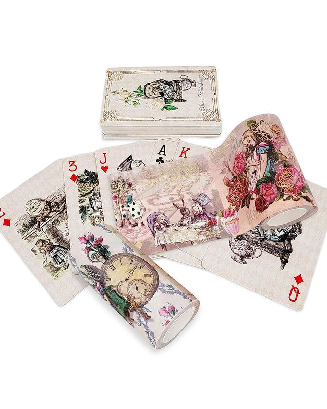 Vintage style Alice in Wonderland playing cards & extra wide washi tapes set for tea party decorating, scrapbooks, journals, crafts
