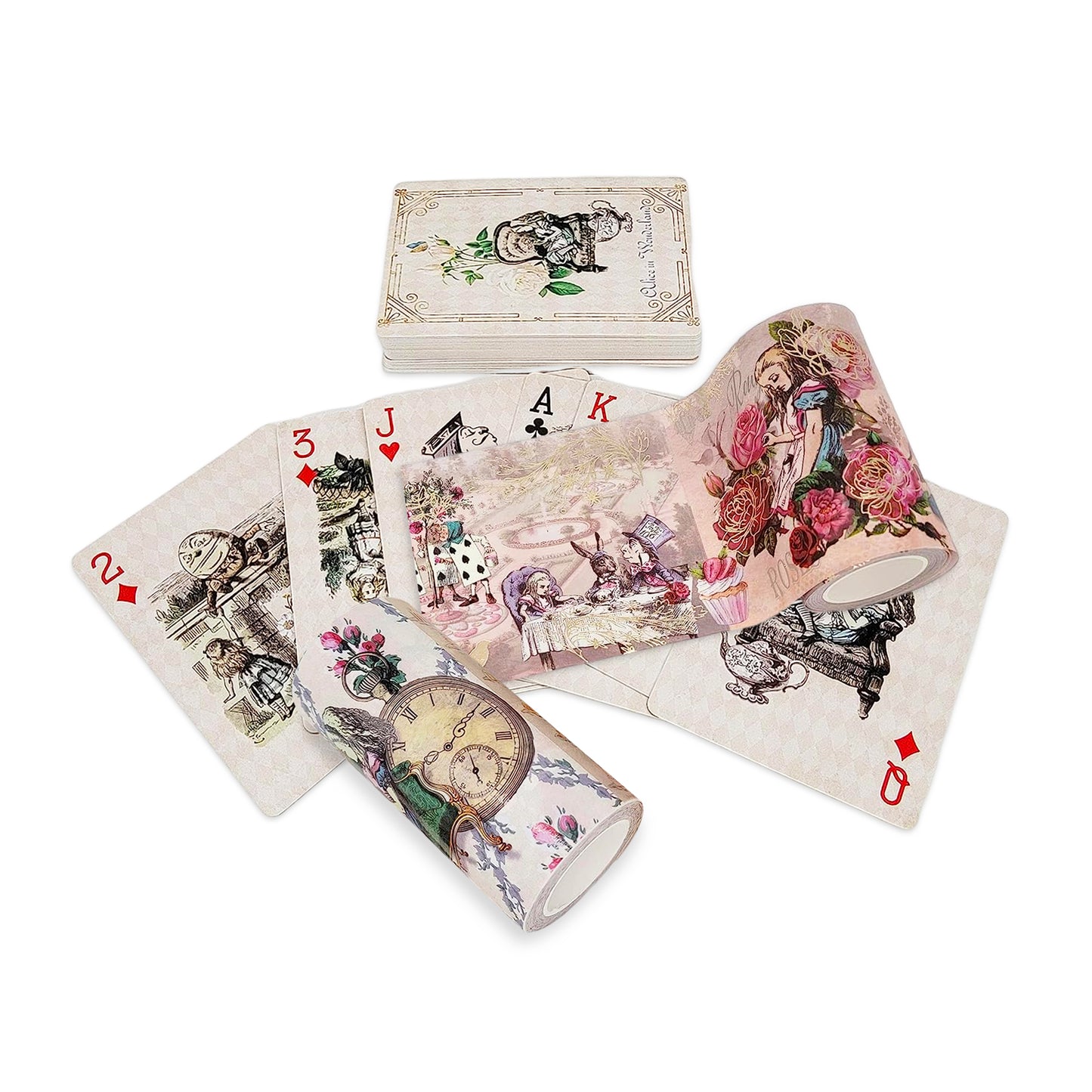 Vintage style Alice in Wonderland playing cards & extra wide washi tapes set for tea party decorating, scrapbooks, journals, crafts