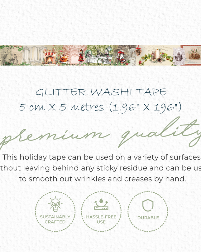 Alice in Wonderland vintage Christmas washi tape extra wide roll for scrapbooks, journals, crafts, wall decor, gifts. Leaves no residue.