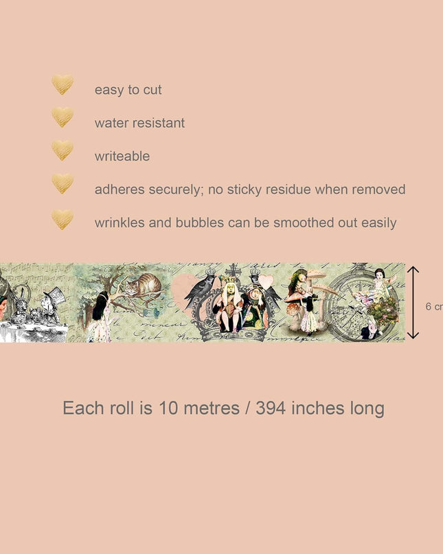 Alice in Wonderland vintage collage washi tape- 6 cm wide tape for scrapbooks, journals and crafts