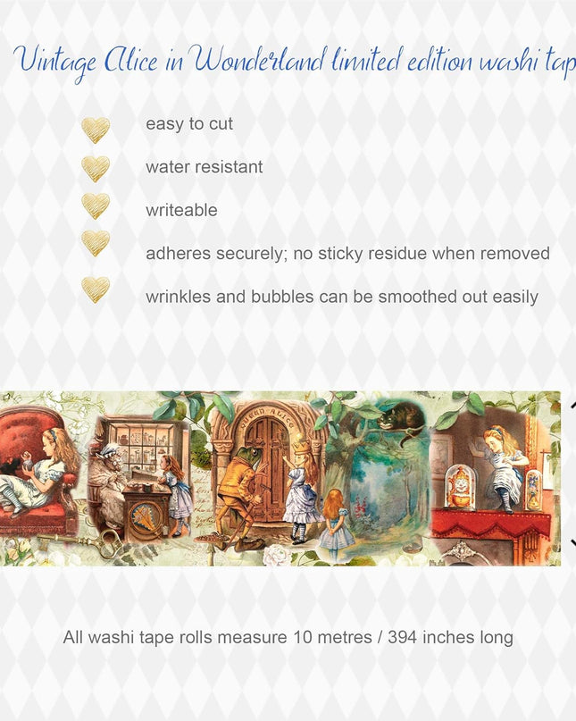 Alice in Wonderland vintage washi sticker tape (Extra Wide) for scrapbooks, crafts, DIY cards, and decorating. Leaves no sticky residue