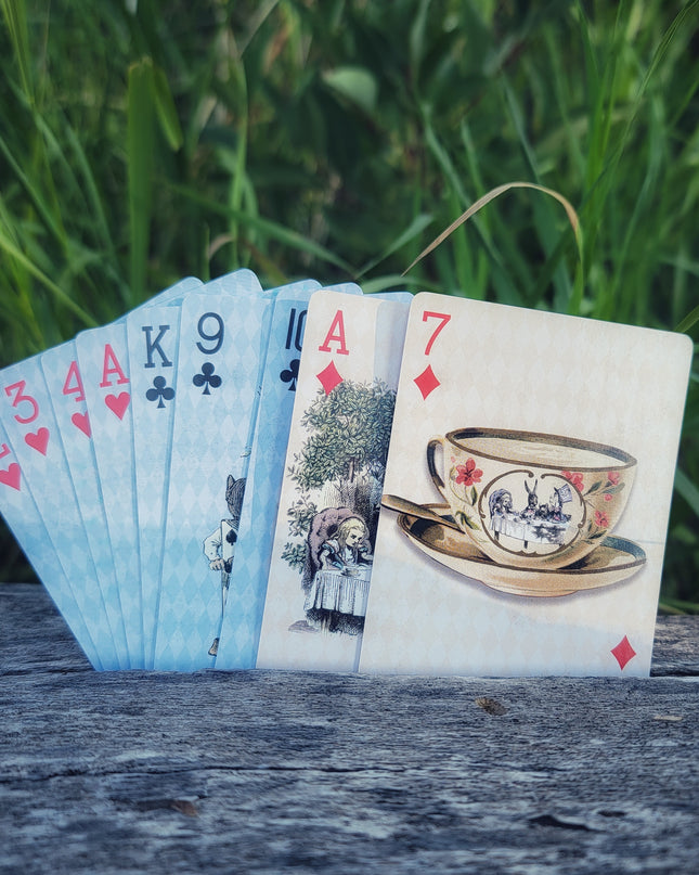 Alice's Adventures in Wonderland set of 2 vintage themed playing cards decks. For tea party games, crafts, decorating, collecting.