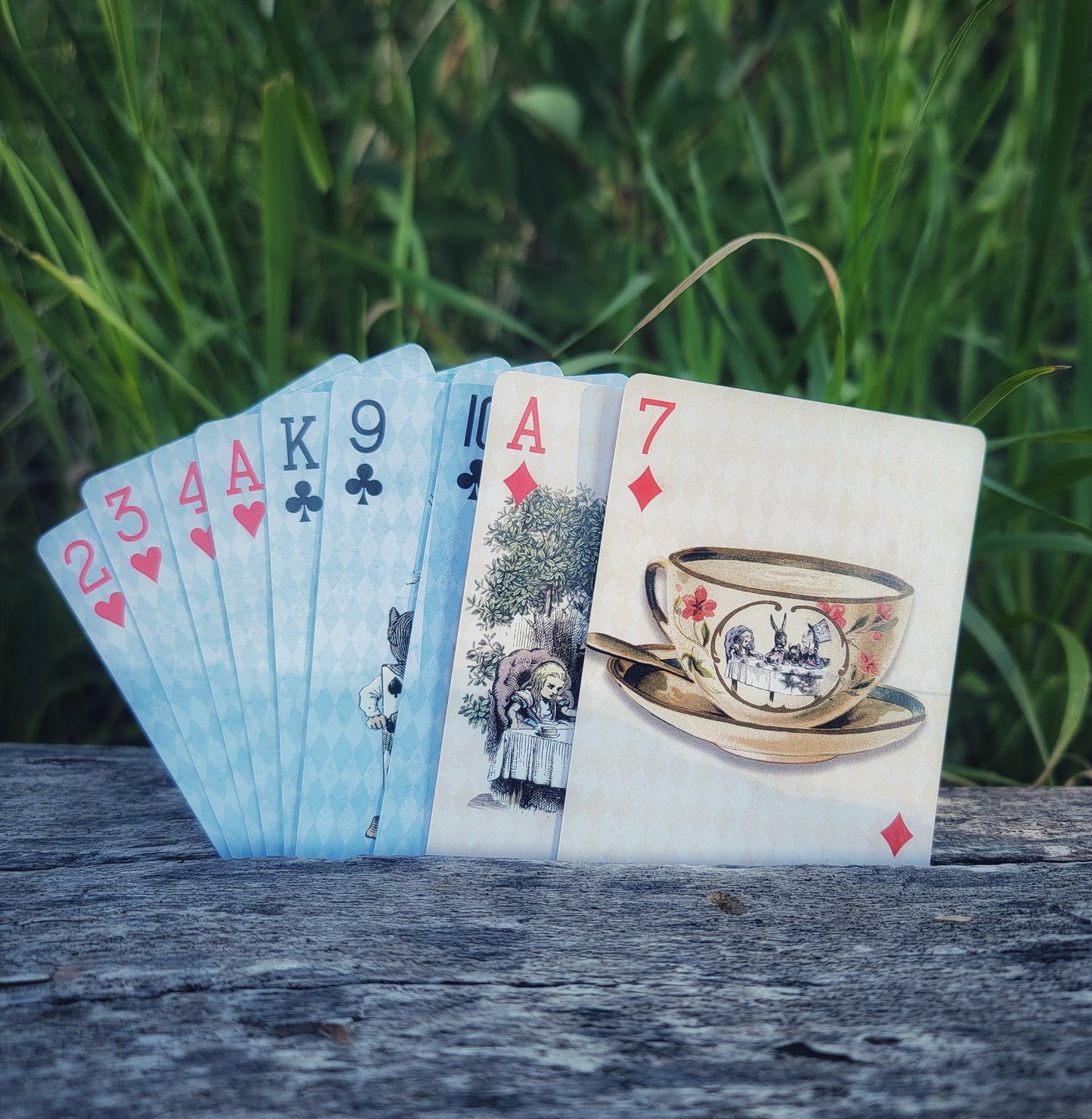 Alice's Adventures in Wonderland set of 2 vintage themed playing cards decks. For tea party games, crafts, decorating, collecting.