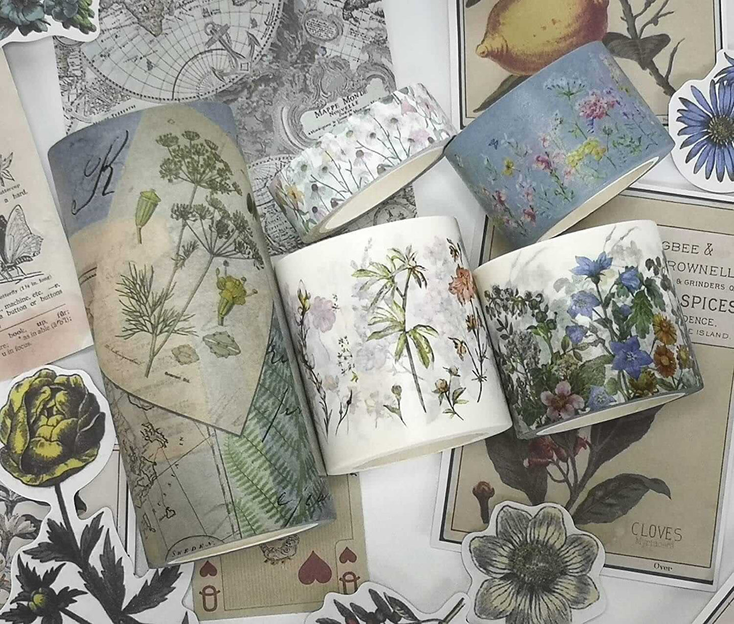 Ruban washi cottagecore de fleurs sauvages naturelles, autocollants découpés et ensemble d'étiquettes autocollantes. INCL Bandes extra larges et extra longues !