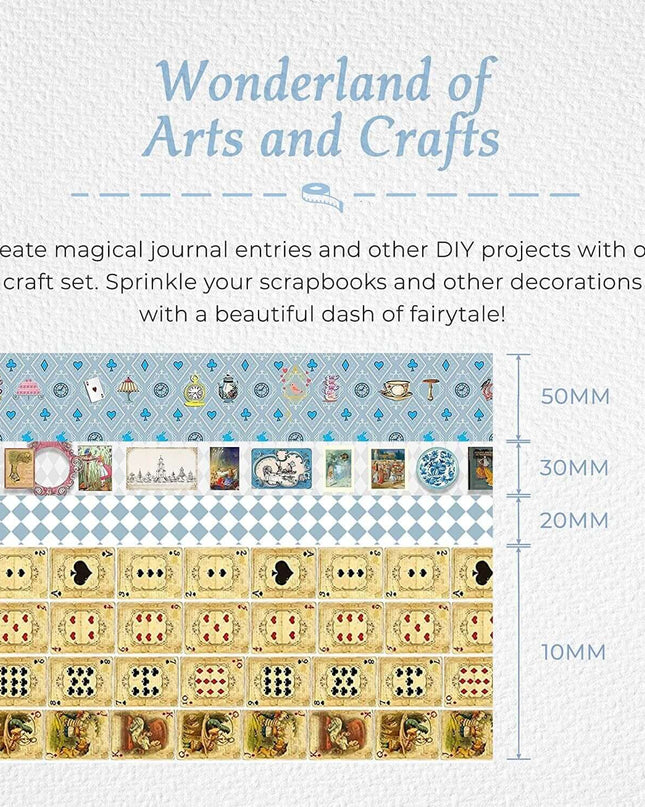 Alice in Wonderland Washi Tape Set, 5 Sticker Tape Rolls, 30 Die Cut Stickers, 6 Sheets Cardstock Paper, 23 Scrapbook Papers