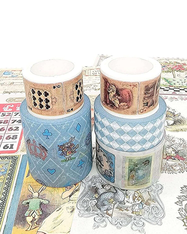 Alice in Wonderland Washi Tape Set, 5 Sticker Tape Rolls, 30 Die Cut Stickers, 6 Sheets Cardstock Paper, 23 Scrapbook Papers