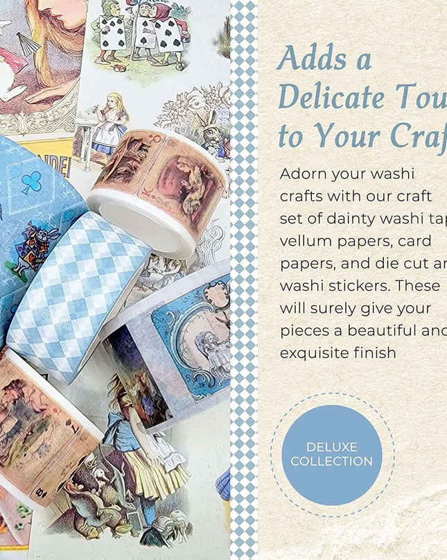 Alice in Wonderland Washi Tape Set, 5 Sticker Tape Rolls, 30 Die Cut Stickers, 6 Sheets Cardstock Paper, 23 Scrapbook Papers