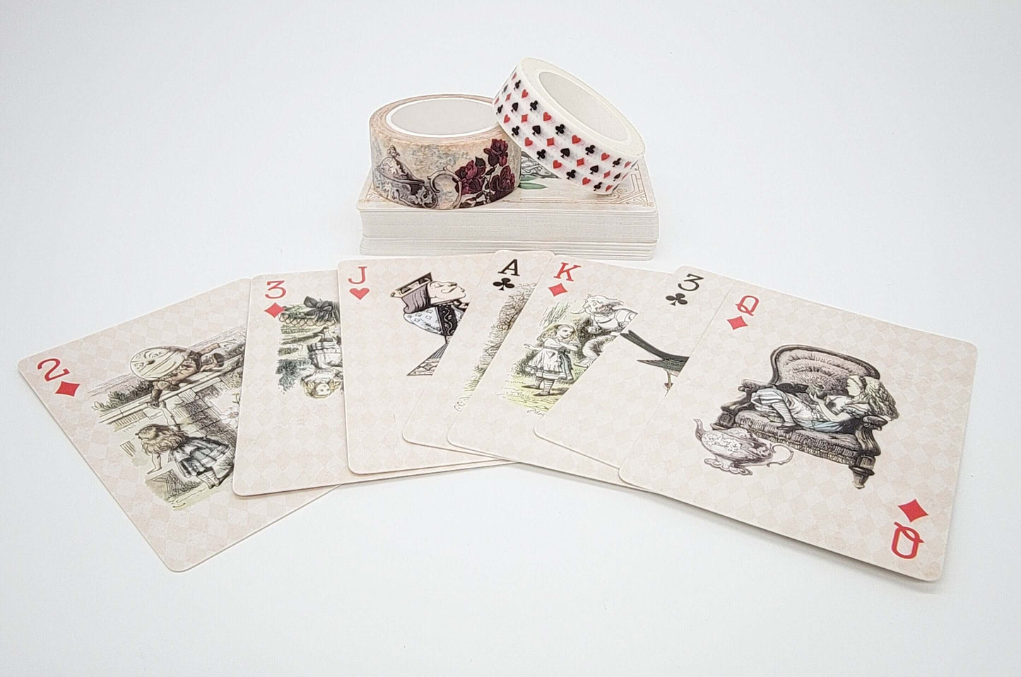 Jeu de cartes à jouer Alice au pays des merveilles (cartes à jouer à thème vintage avec bandes Washi). Pour la décoration de table de goûter, les jeux de cartes de poker