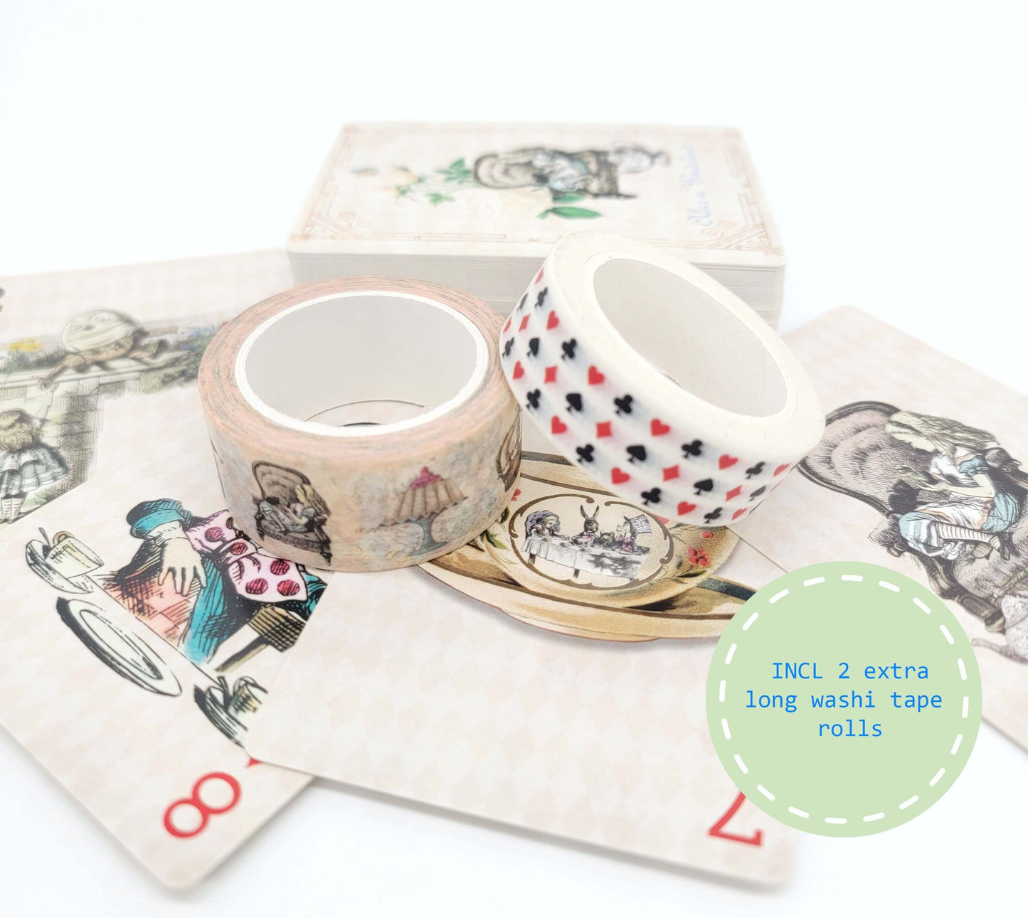 Jeu de cartes à jouer Alice au pays des merveilles (cartes à jouer à thème vintage avec bandes Washi). Pour la décoration de table de goûter, les jeux de cartes de poker