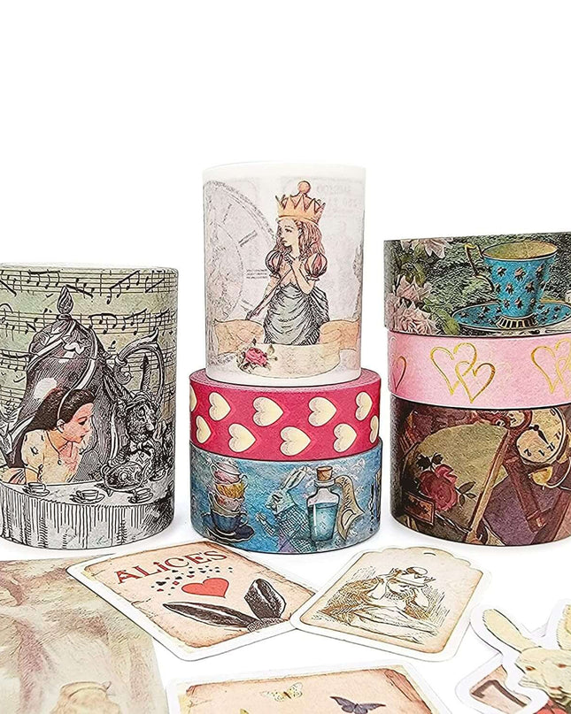 Alice in Wonderland Washi Tape Set, 7 washi Tape Rolls, Stickers, Die Cut Stickers for Scrapbooks Decoupage Crafting Supplies