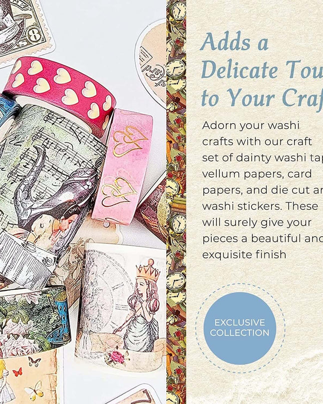Alice in Wonderland Washi Tape Set, 7 washi Tape Rolls, Stickers, Die Cut Stickers for Scrapbooks Decoupage Crafting Supplies