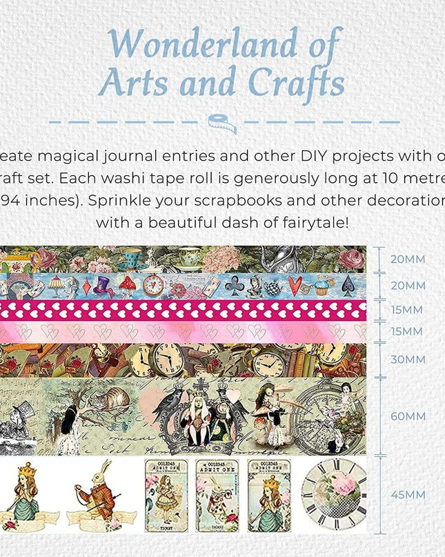 Alice in Wonderland Washi Tape Set, 7 washi Tape Rolls, Stickers, Die Cut Stickers for Scrapbooks Decoupage Crafting Supplies