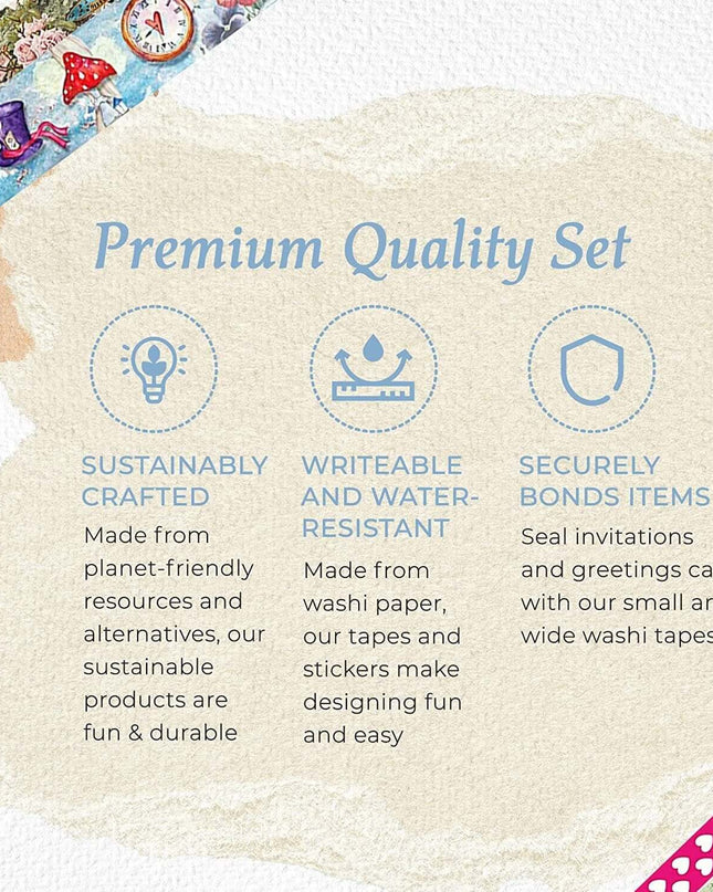 Alice in Wonderland Washi Tape Set, 7 washi Tape Rolls, Stickers, Die Cut Stickers for Scrapbooks Decoupage Crafting Supplies