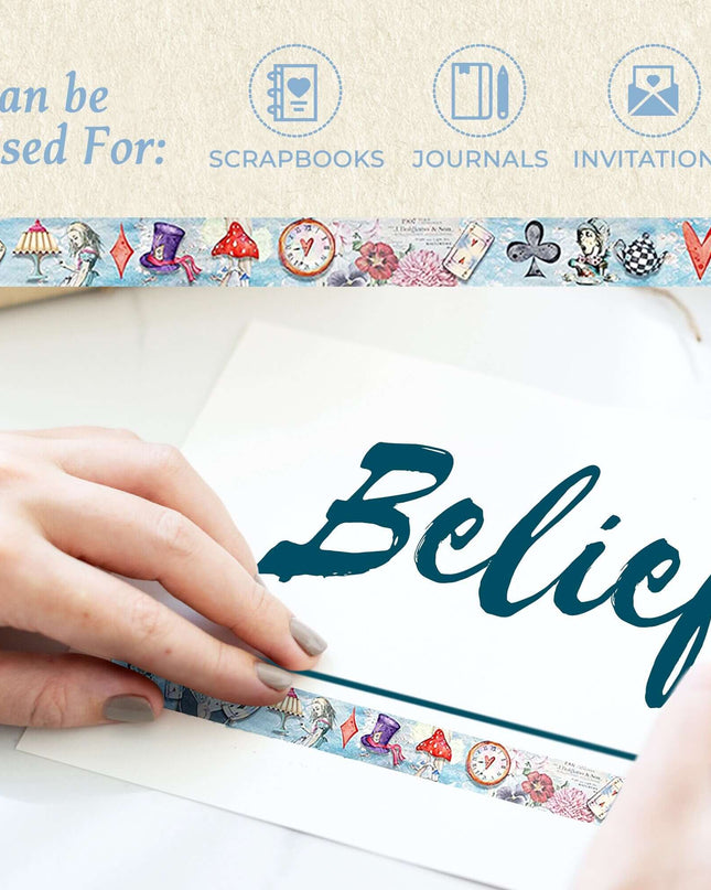 Alice in Wonderland Watercolor Washi Tape, Reusable Sticker Tape Roll, Versatile Crafting Supplies, Extra Long Tape, 10 Meters (394 Inches)