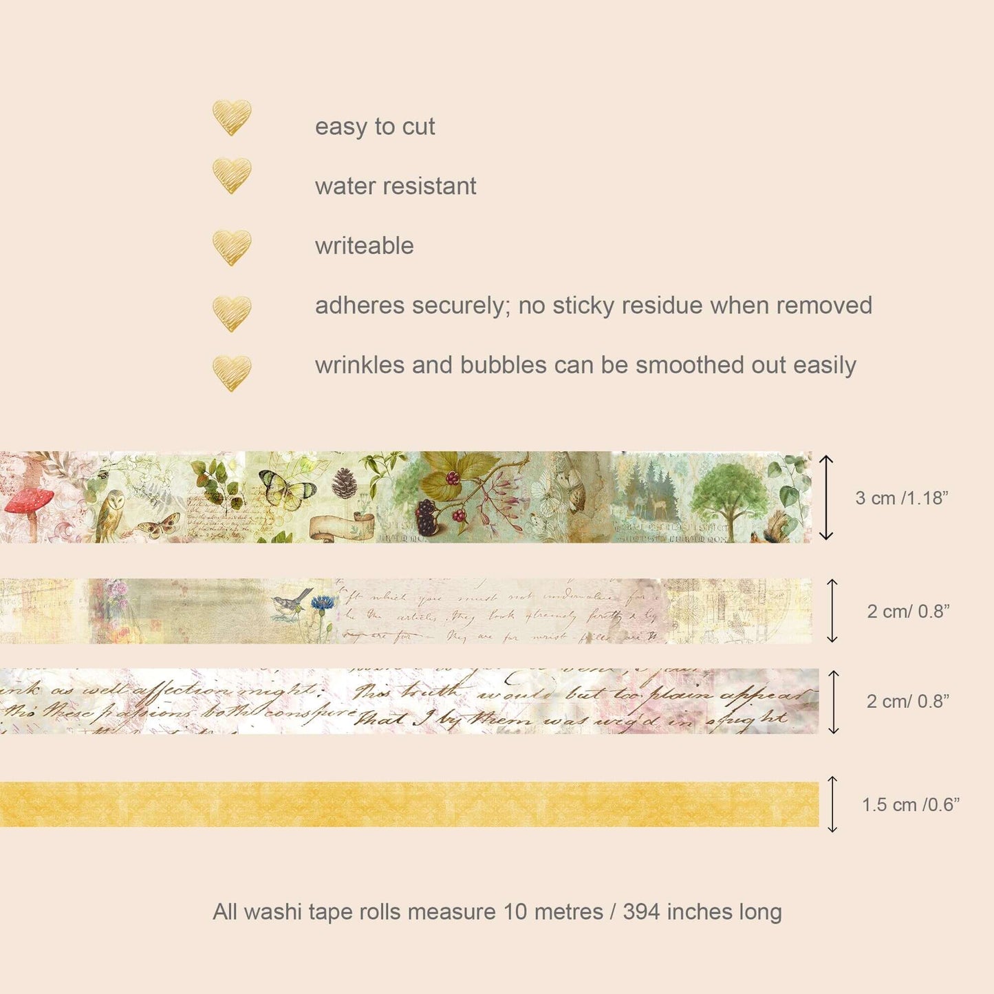 Enchanted Scandanavian Forest washi Tape Set of 4 Rolls for Vintage scrapbooks, Crafts, decoupage and decorating