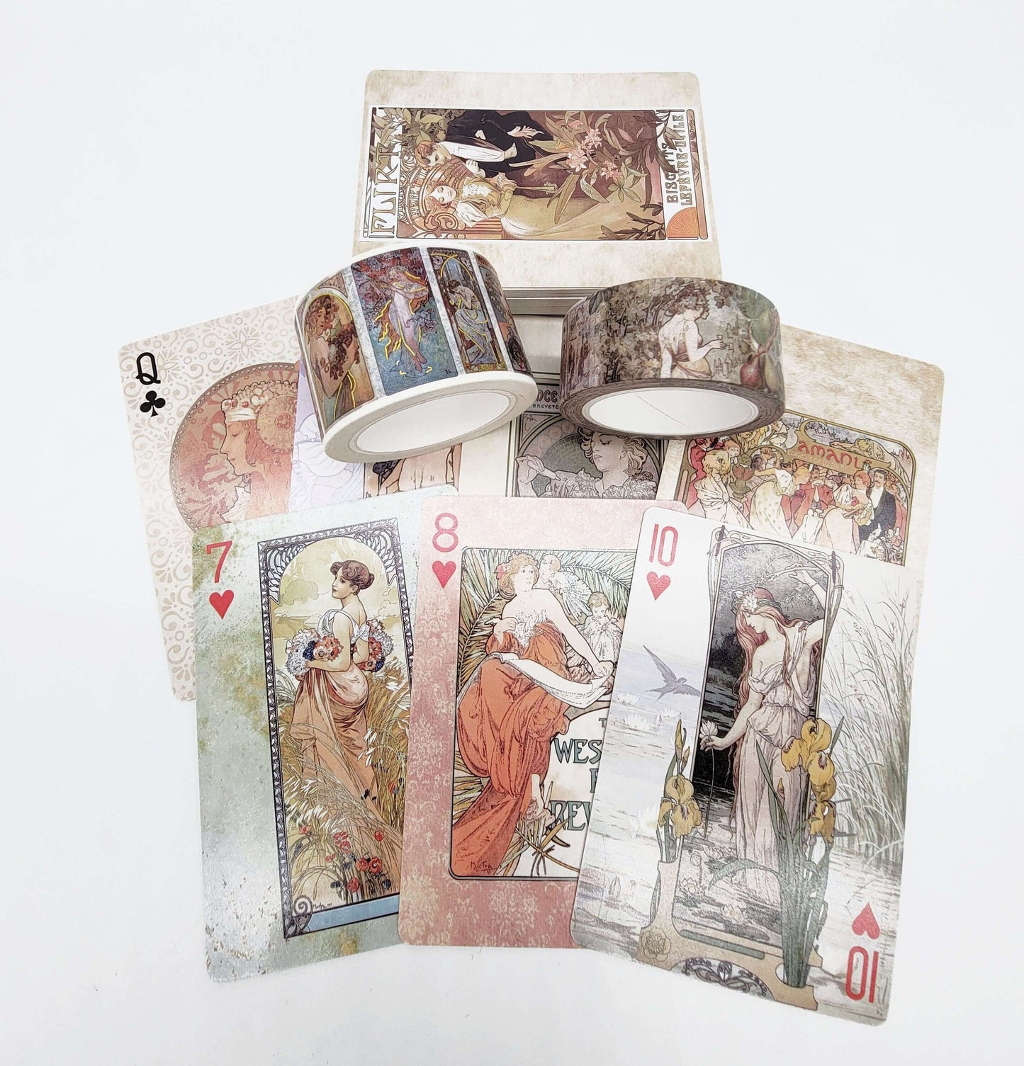 Art Nouveau Vintage Artiste Alphonse Mucha 54 Cartes à Jouer Différentes et Ensemble de Bandes Washi pour Poker, Jeux, Cadeaux et Décorations de Fête