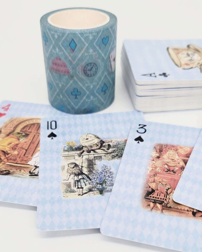 Blue Alice in Wonderland Playing Cards Deck with washi Tapes Set. for Party Decorations, Games, DIY, Crafts and Props