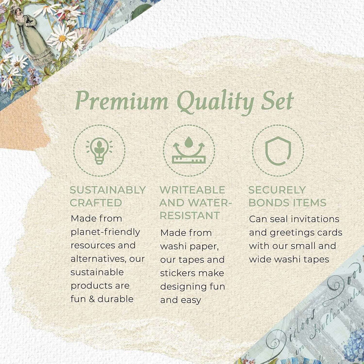 Ensemble de bandes washi et de papiers de scrapbooking sur le thème vintage Jane Austen Regency. Les rubans extra longs ne laissent aucun résidu collant. Journalisation Cottagecore