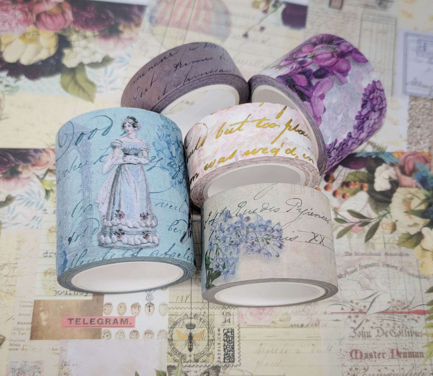 Ensemble de bandes washi et de papiers de scrapbooking sur le thème vintage Jane Austen Regency. Les rubans extra longs ne laissent aucun résidu collant. Journalisation Cottagecore