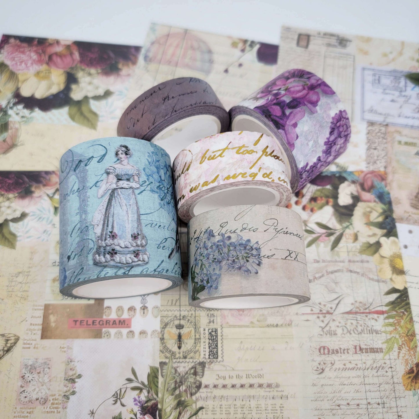 Ensemble de bandes washi et de papiers de scrapbooking sur le thème vintage Jane Austen Regency. Les rubans extra longs ne laissent aucun résidu collant. Journalisation Cottagecore