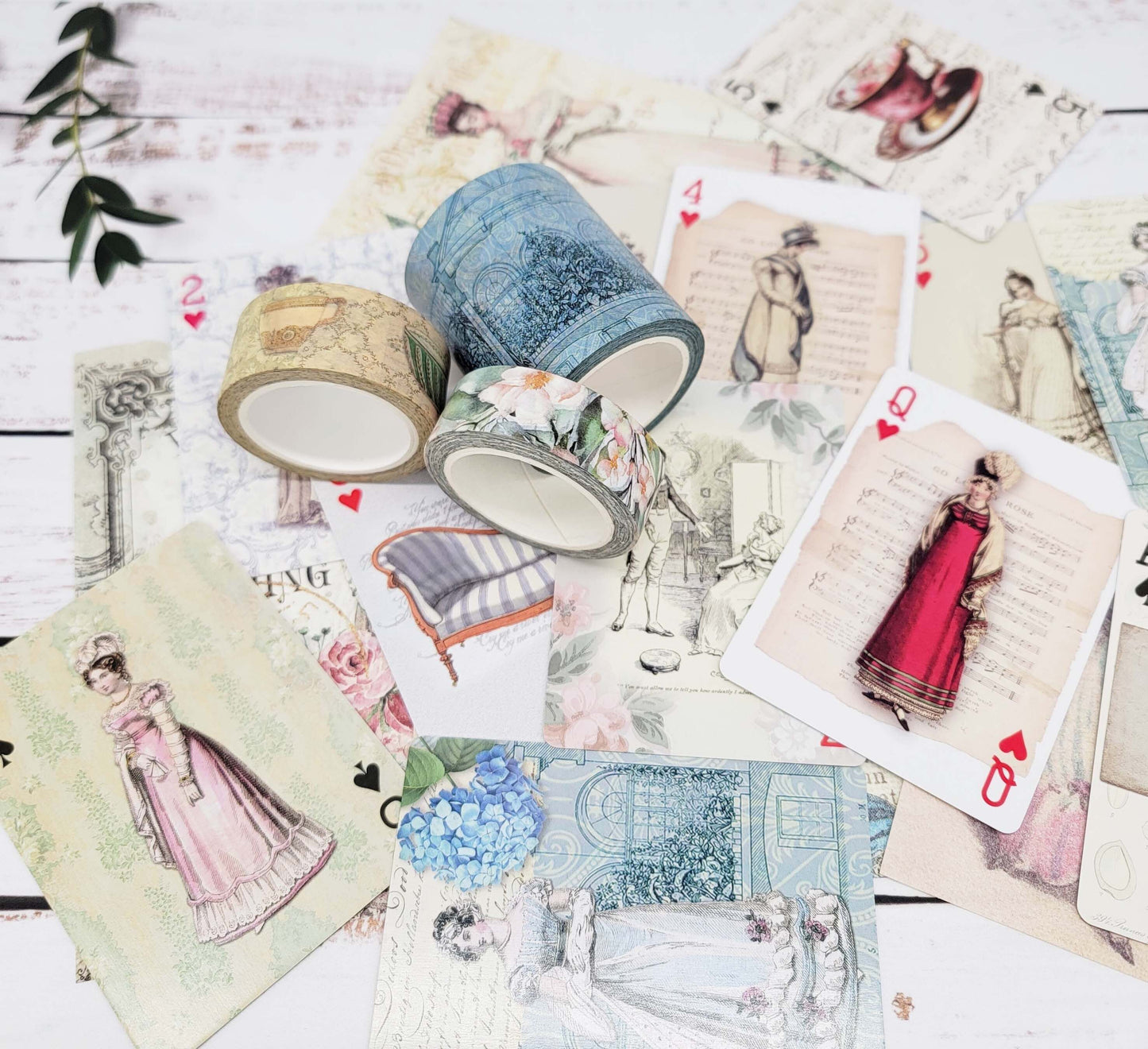 Jane Austen Regency Garden tea party washi tapes, playing cards deck and scrapbook papers set for cottage core journals, decorating, crafts