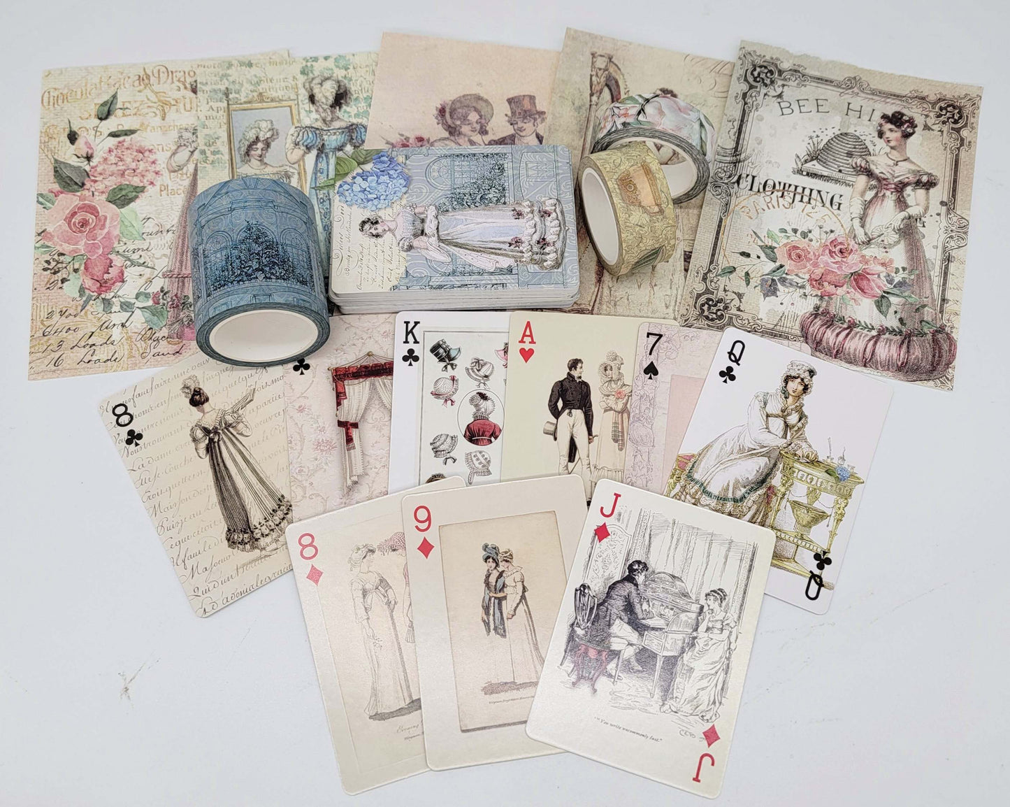 Jane Austen Regency Garden tea party washi tapes, playing cards deck and scrapbook papers set for cottage core journals, decorating, crafts