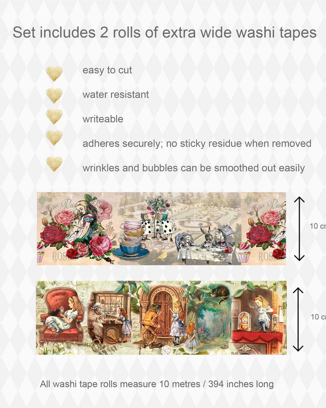 Alice in Wonderland Extra Wide 10 cm Washi Tapes – Set of 2 Rolls