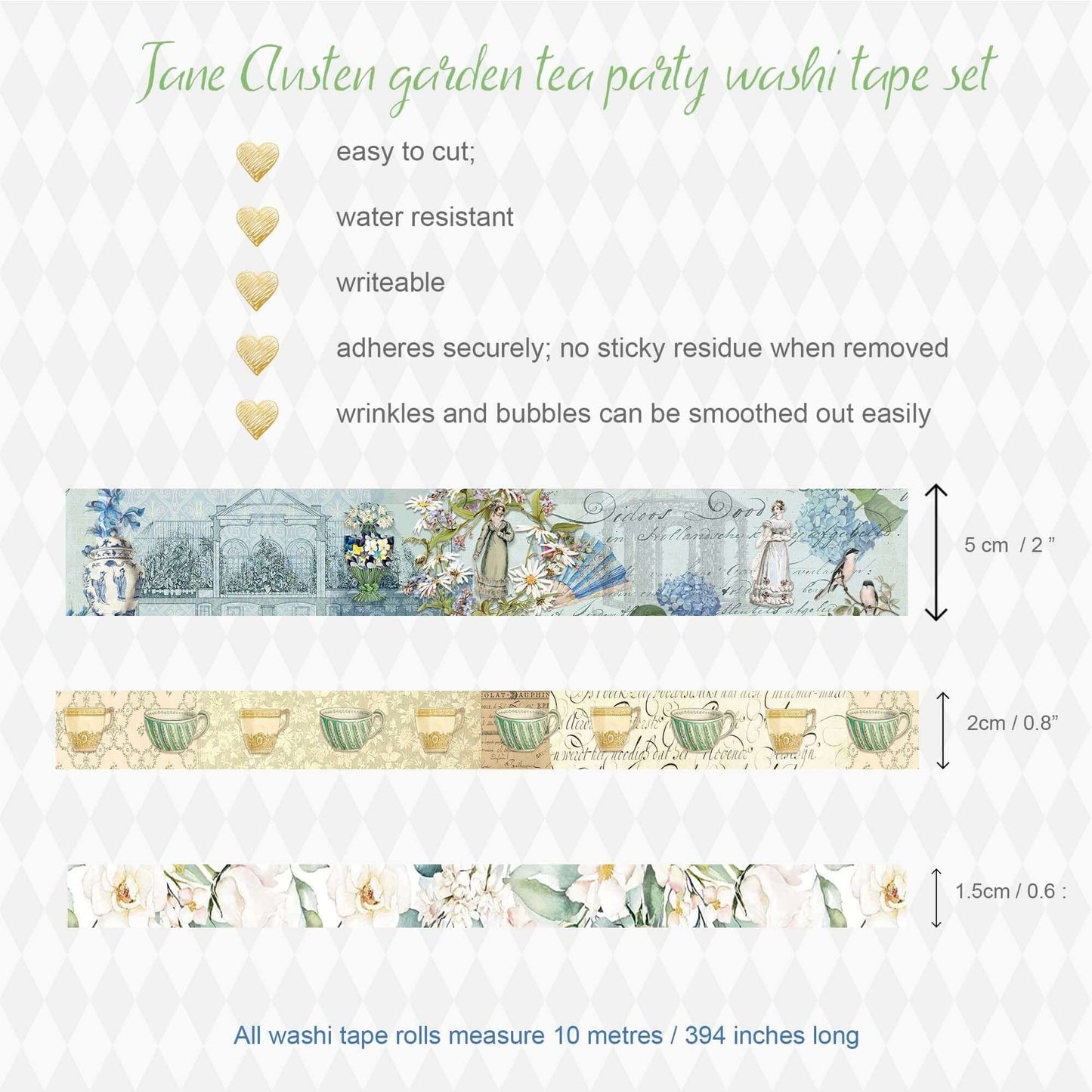 Jane Austen Regency Garden tea party washi tapes, playing cards deck and scrapbook papers set for cottage core journals, decorating, crafts