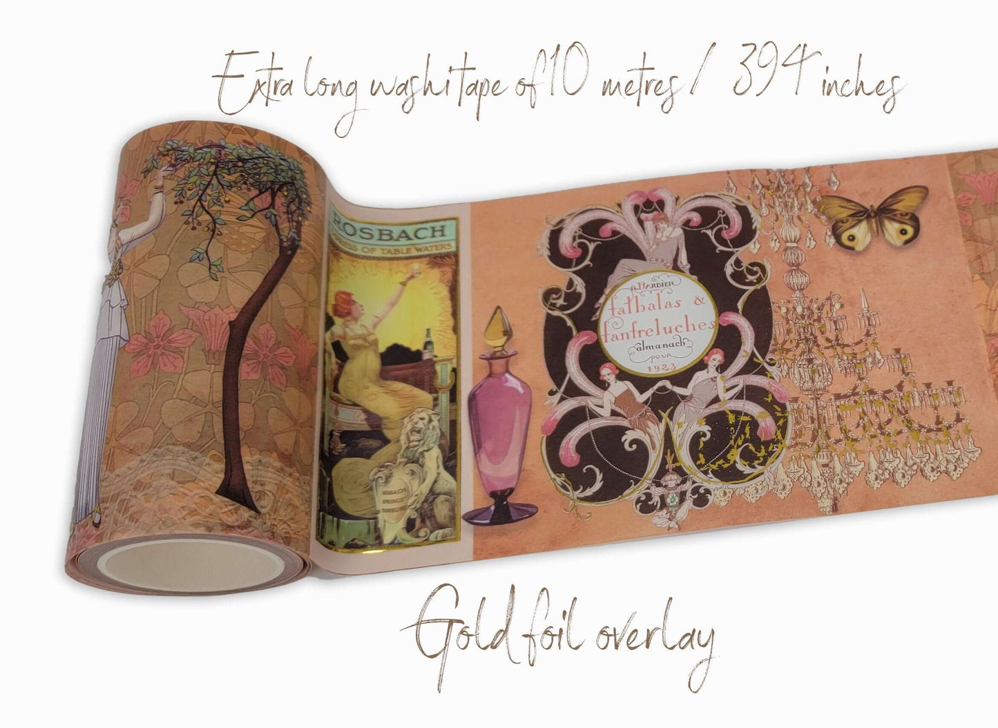 vintage Art Nouveau Extra Wide Gold foil washi Tape pour scrapbooking, artisanat, fournitures d’emballage cadeau, cartes de bricolage, bordures murales