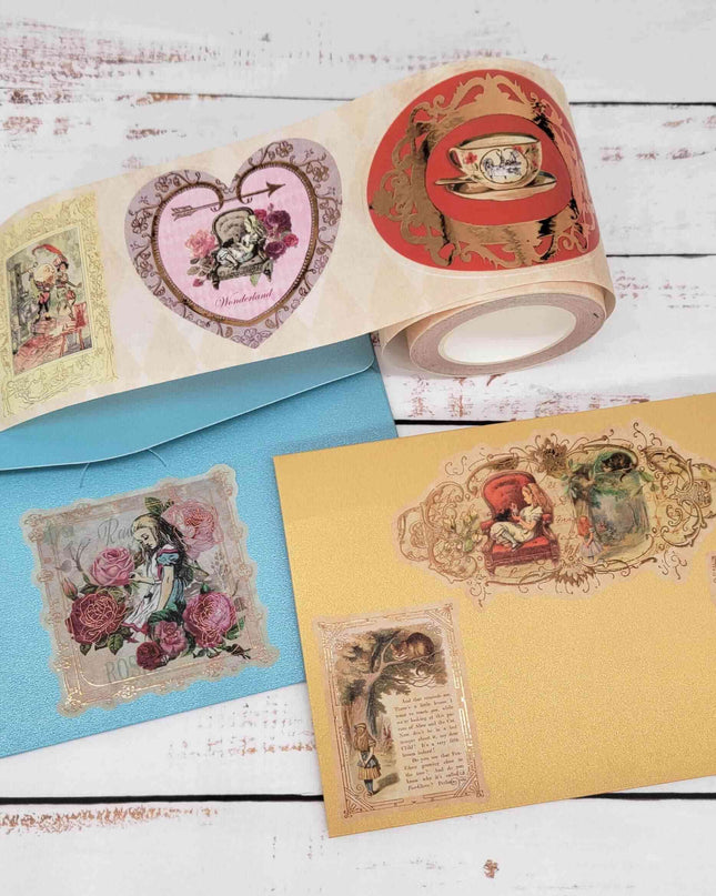 Alice in Wonderland Gold foil washi stickers. Approx 160 Gold foil Stickers. Leaves no sticky residue when removed