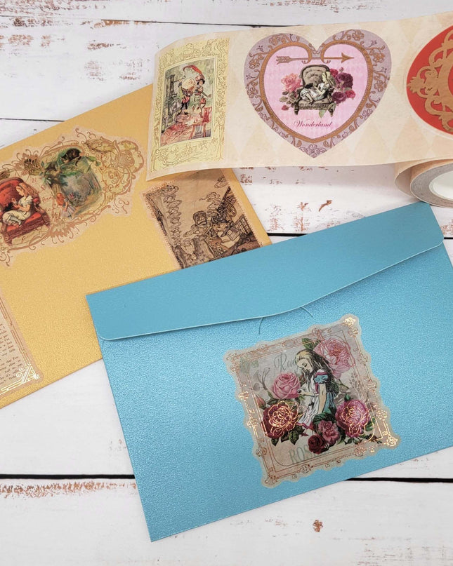 Alice in Wonderland Gold foil washi stickers. Approx 160 Gold foil Stickers. Leaves no sticky residue when removed