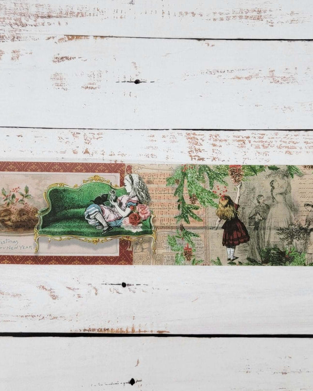 Alice in Wonderland vintage Christmas washi tape extra wide roll for scrapbooks, journals, crafts, wall decor, gifts. Leaves no residue.