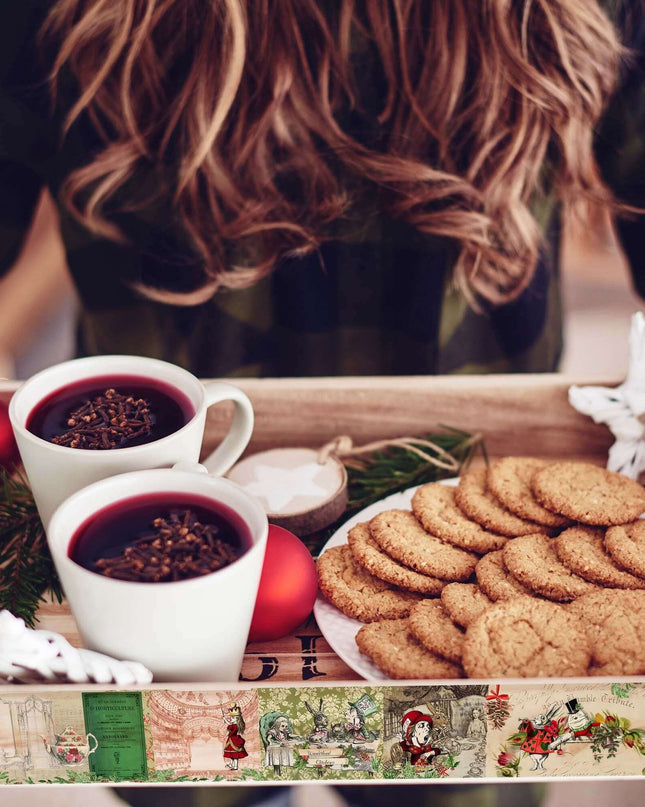 Alice in Wonderland vintage Christmas washi tape extra wide roll for scrapbooks, journals, crafts, wall decor, gifts. Leaves no residue.