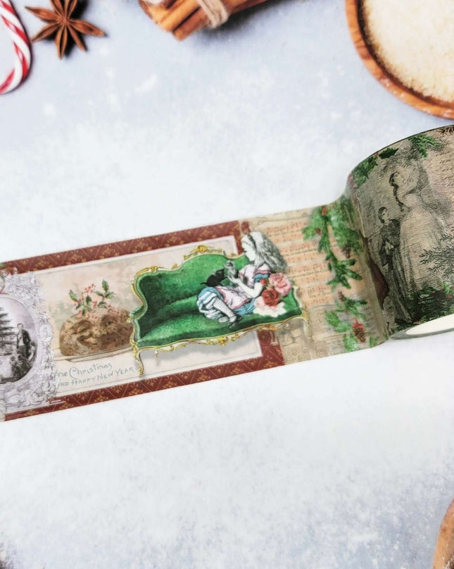 Alice in Wonderland vintage Christmas washi tape extra wide roll for scrapbooks, journals, crafts, wall decor, gifts. Leaves no residue.