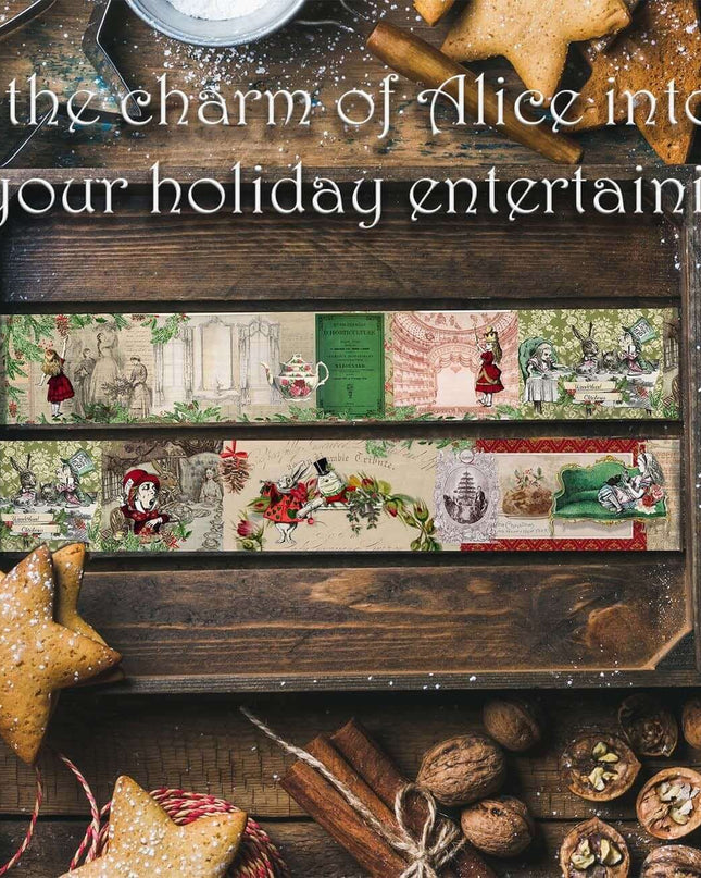 Alice in Wonderland vintage Christmas washi tape extra wide roll for scrapbooks, journals, crafts, wall decor, gifts. Leaves no residue.