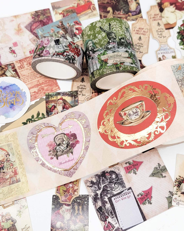 Alice in Wonderland Christmas Stickers, washi Tapes, and Mini Cards Collection