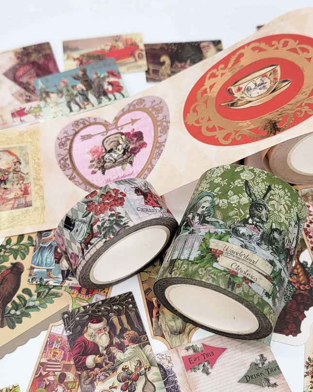 Alice in Wonderland Christmas Stickers, washi Tapes, and Mini Cards Collection