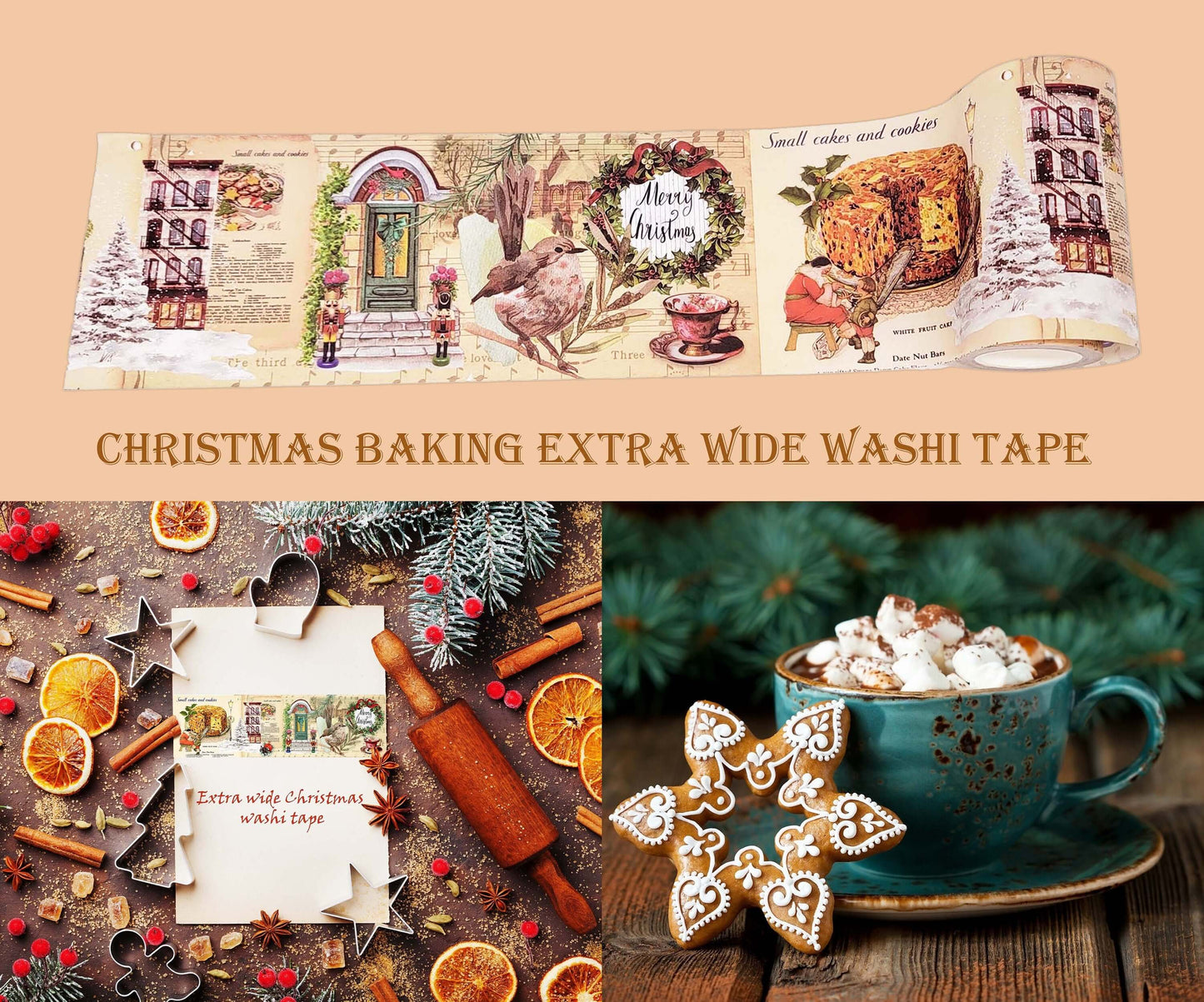 thème de cuisson de Noël vintage Extra Wide (10 cm / 4 pouces) washi tape pour scrapbooking, décoration murale, journaux, artisanat et découpage