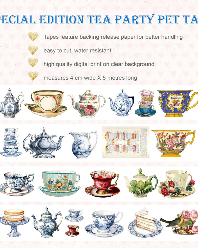 Tea party PET tape for scrapbooks, journals, crafts, and decorating candles, gifts, cards, tags, or phone cases