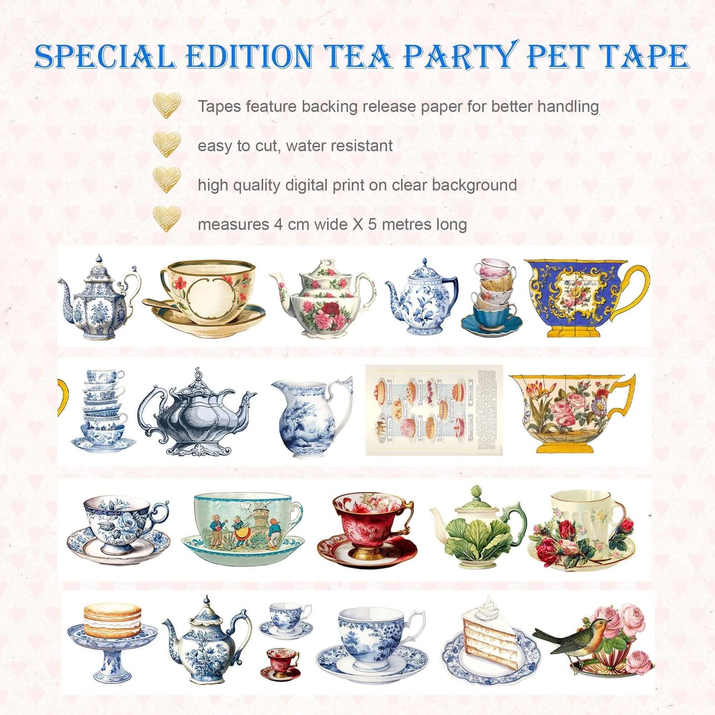 Tea party PET tape for scrapbooks, journals, crafts, and decorating candles, gifts, cards, tags, or phone cases