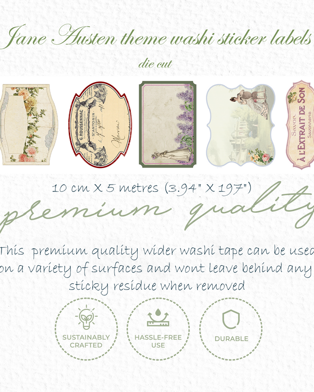 Jane Austen theme washi sticker labels - large size, die cut. Writeable, re-useable, leaves no sticky residue when removed