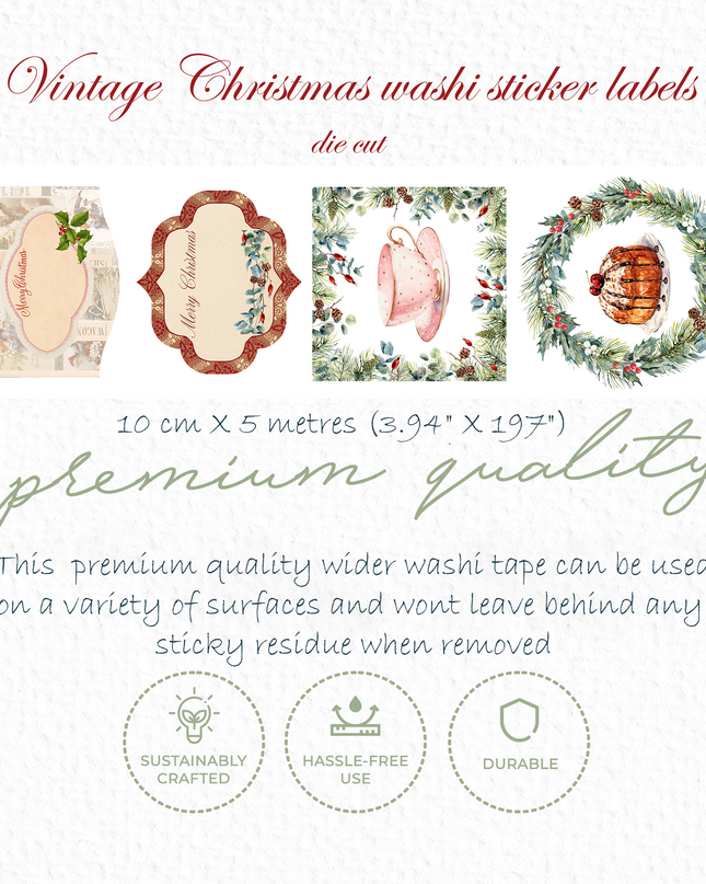 Vintage Christmas washi sticker labels - large size, die cut. Writeable, re-useable, leaves no sticky residue.