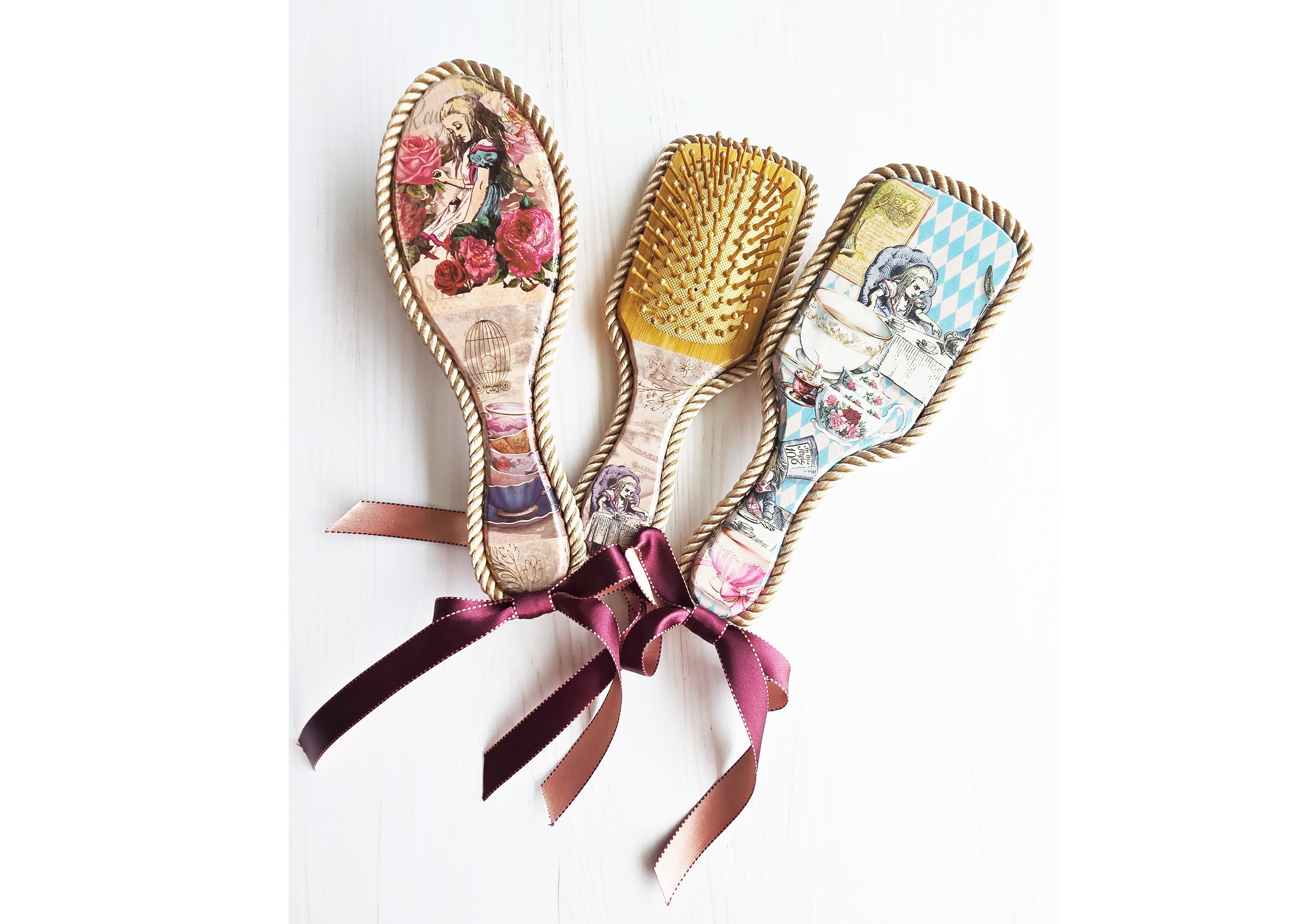 How to use wide washi tapes - Watch this DIY tutorial on creating a vintage Alice in Wonderland hair brush using decoupage