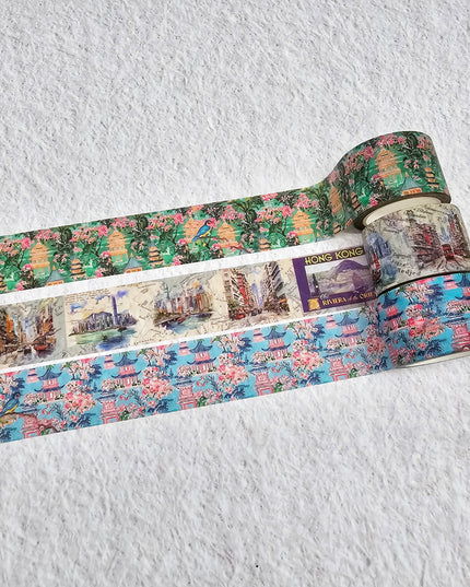 Hong Kong vintage theme washi sticker tapes - HK harbor, Chinese sailing junk, water color pagodas, birds. For scrapbooks, journals, crafts